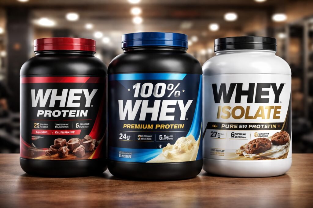 Melhor Whey Bom e Barato em 2026: 6 Opções Custo-Benefício que Valem a Pena Melhor Whey Bom e Barato com três potes de whey protein diferentes lado a lado