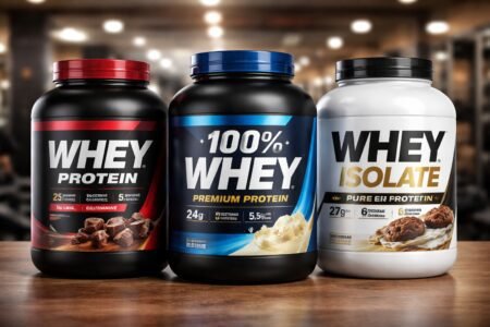 Melhor Whey Bom e Barato em 2026: 6 Opções Custo-Benefício que Valem a Pena Melhor Whey Bom e Barato com três potes de whey protein diferentes lado a lado