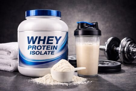 Melhor whey protein isolado em pote com scoop e shake proteico ao lado, imagem horizontal para artigo fitness