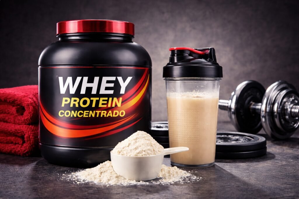 Whey protein concentrado em pote com scoop de suplemento e shake proteico ao lado, imagem horizontal para artigo fitness