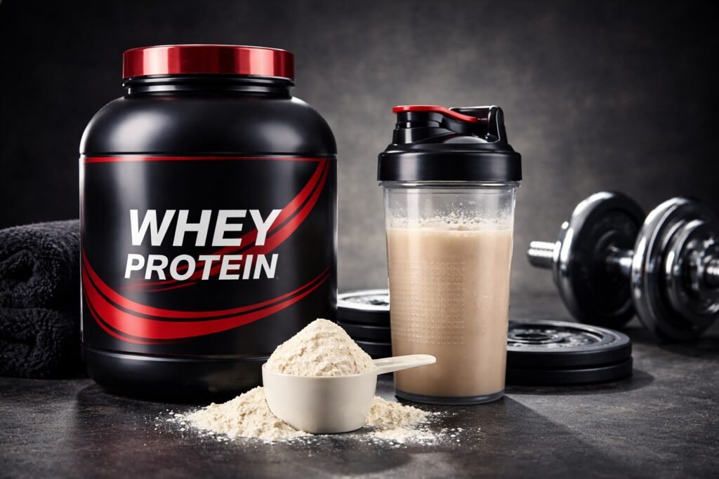 Melhor whey protein em pote com shake e scoop ao lado, imagem horizontal para conteúdo fitness